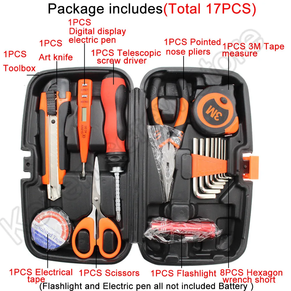 17PCS/BOX Hand Tool Set General Household Repair Hand Tool Kit With Plastic Toolbox Wrench Screwdriver Electrical Tape