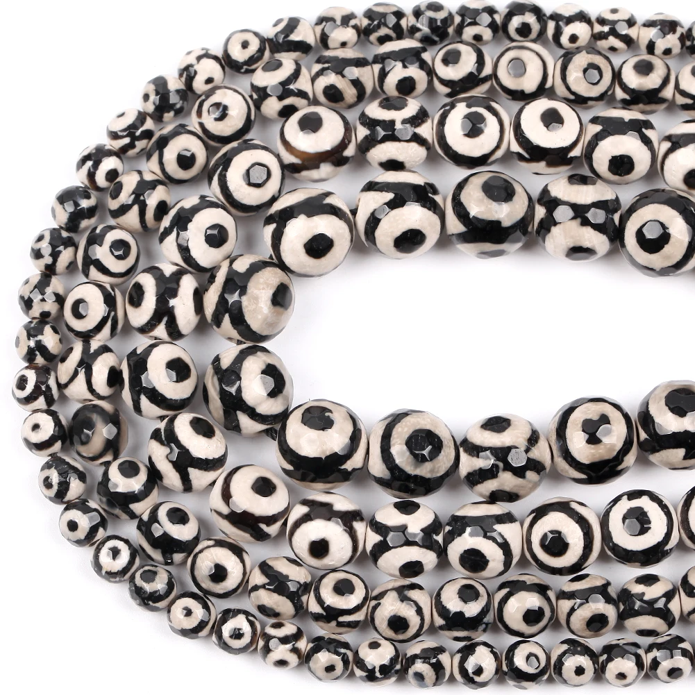 Natürliche Faceted Drei Auge Tibetischen Dzi Perlen Schwarz Weiß Dzi Perlen Für Schmuck Machen Diy Halskette Armband Zubehör 6 8 10 12mm