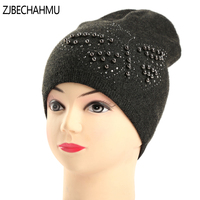 ZJBECHAHMU cashmere knitting beanie caps for womens winter hats rhinestones double-deck warm skullies beanies female fashion hat