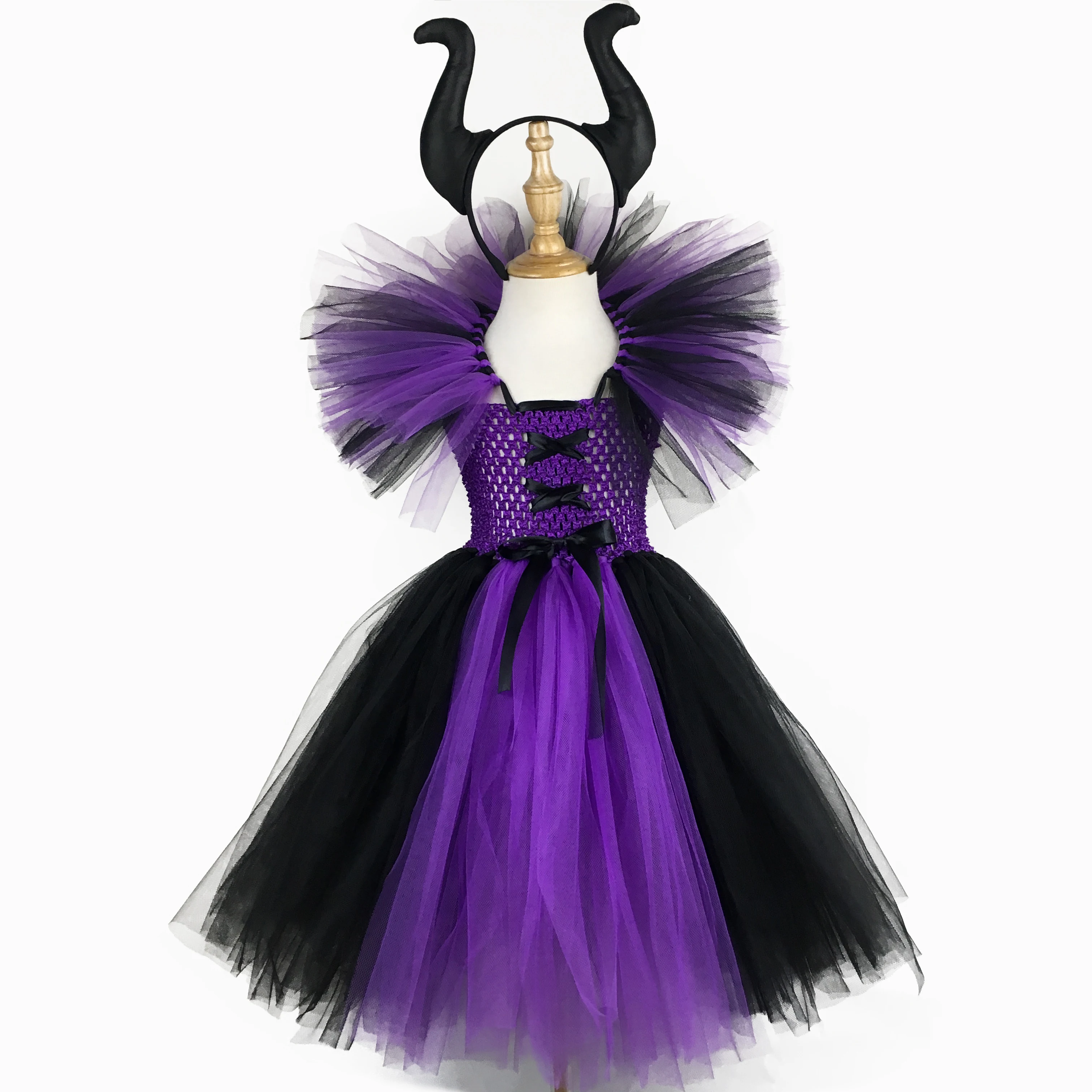 Girls Evil Queen Maleficent Witch Tutu Dress Kids Crochet Dress Ball Gown with Hairbow Children Halloween Party Costume Dresses