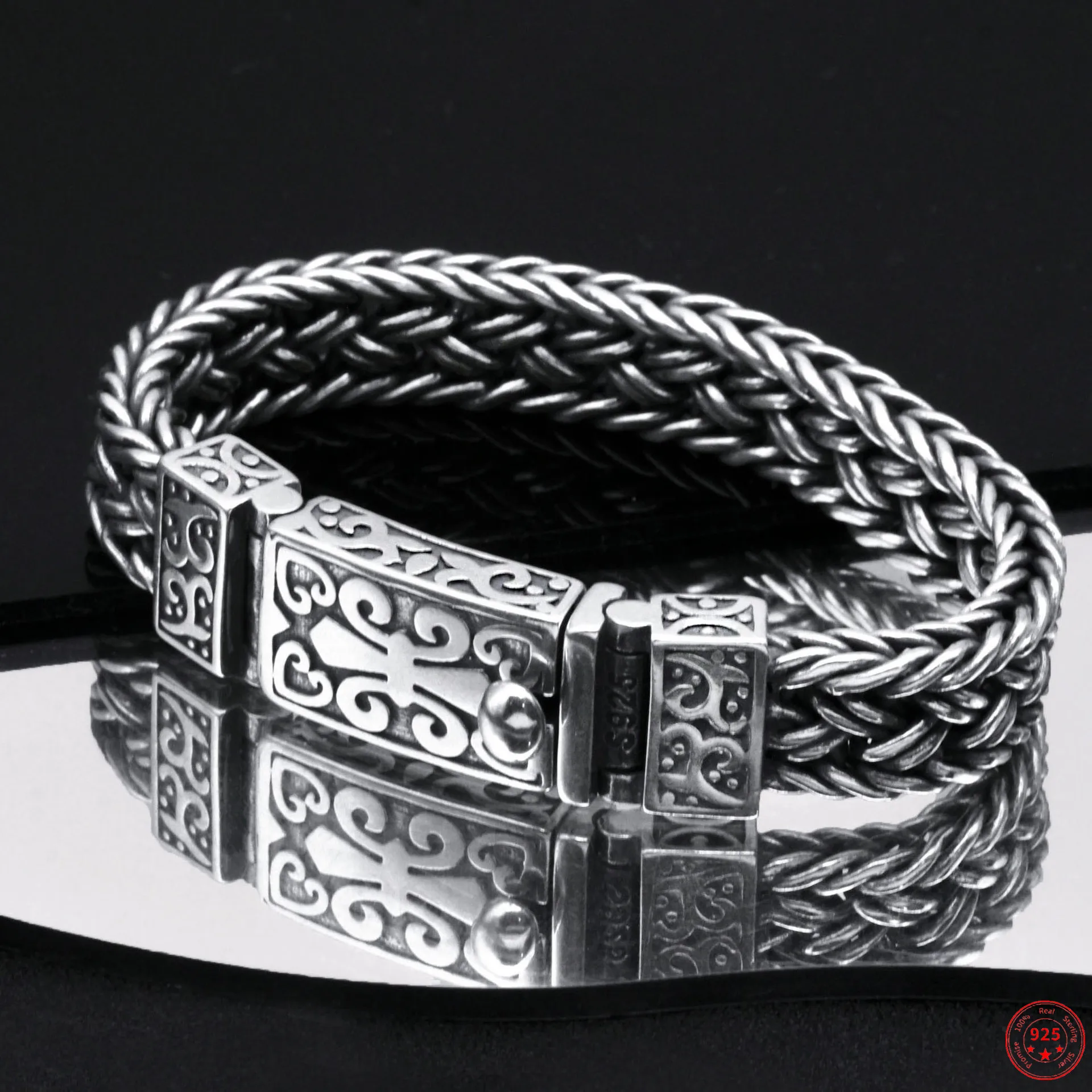 

S925 Silver Charm Bracelet 2022 Popular Eternal Vine Totem Wide Woven-Chain Pure Argentum Amulet Bangle Jewelry for Men Dropship