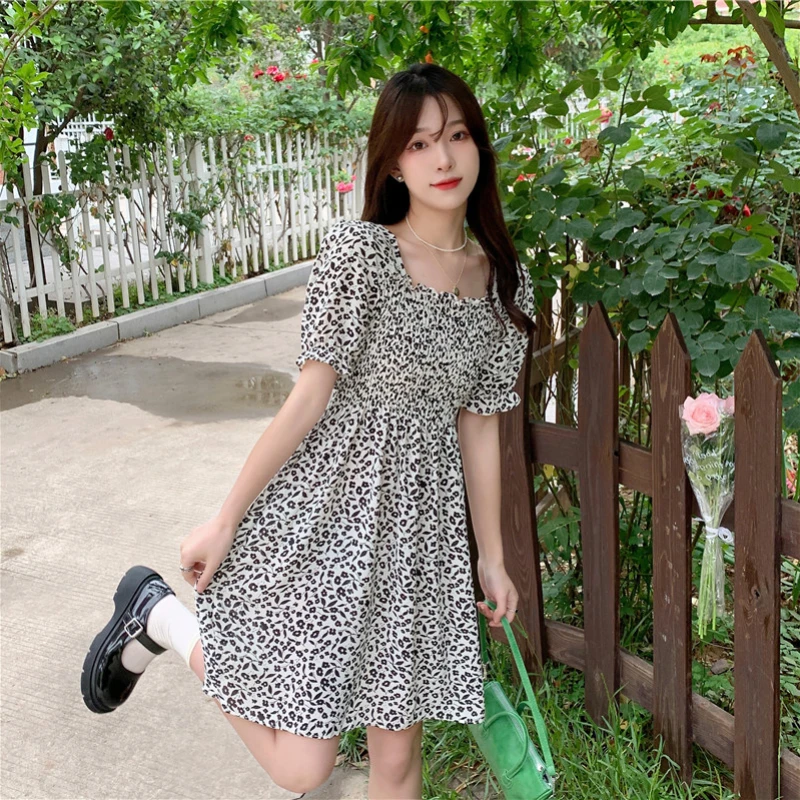 

Dresses Women Short Sleeve Backless Sweet Elegant Korean Style Mini Vestdios Square Collar High-waist Girl Dress Trendy Female