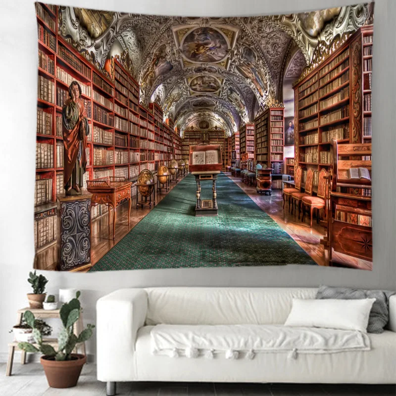 Fake Bookcase Library Bookshelf Tapestry Wall Cloth Home Study Background Decoration Retro Vintage European Hanging Tapestries