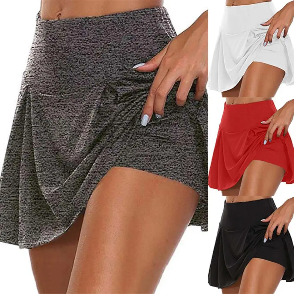 Mulheres Monocromáticas Esportes Saia Curta, Cintura Alta, Dupla Camada, Falso Duas Peças, Yoga Dance Leggings, Sexy Mini Saia