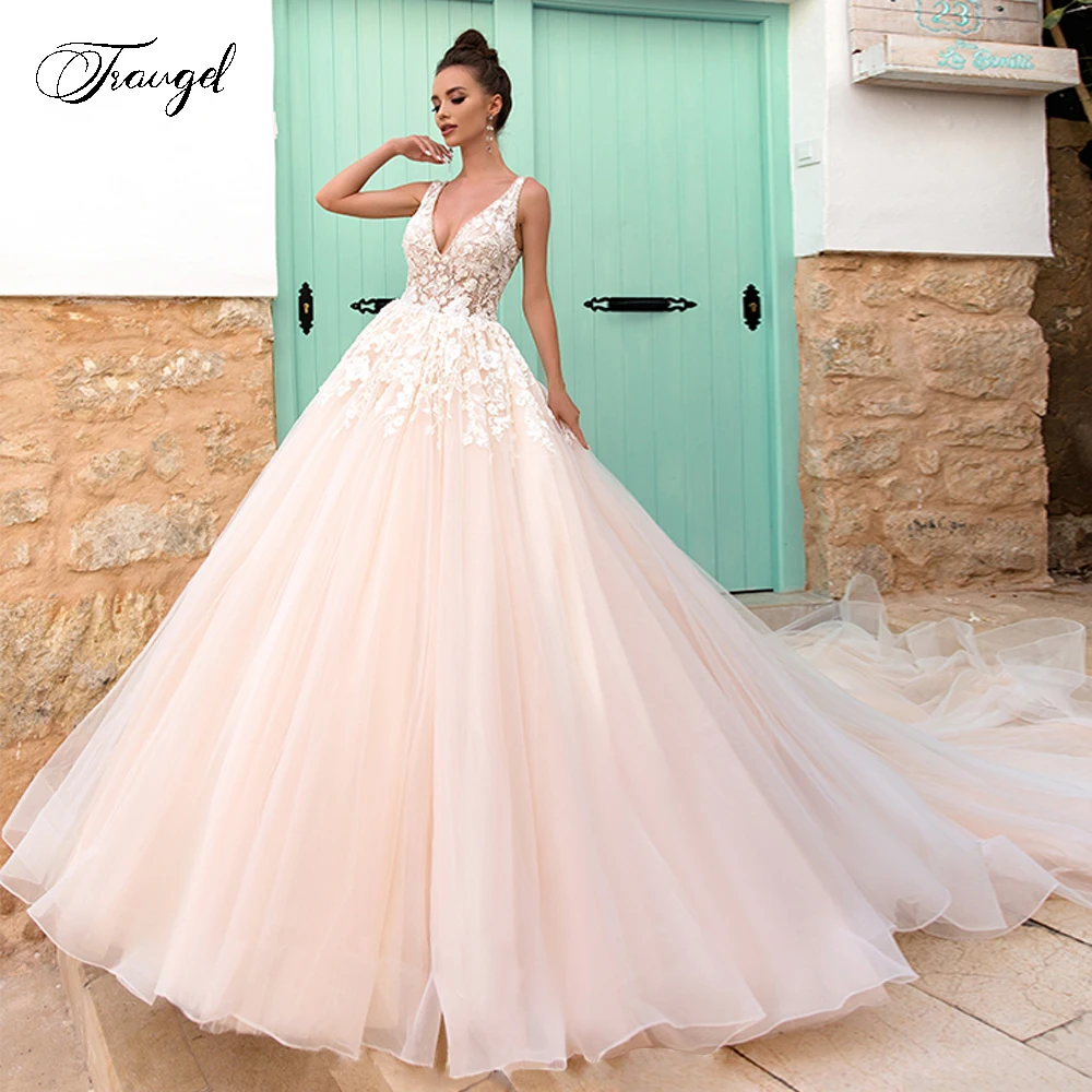 Customized V-Neck A Line Lace Wedding Dresses Applique Beading Sleeve Backless Bride Dress Court Train Bridal Gown Plus Size