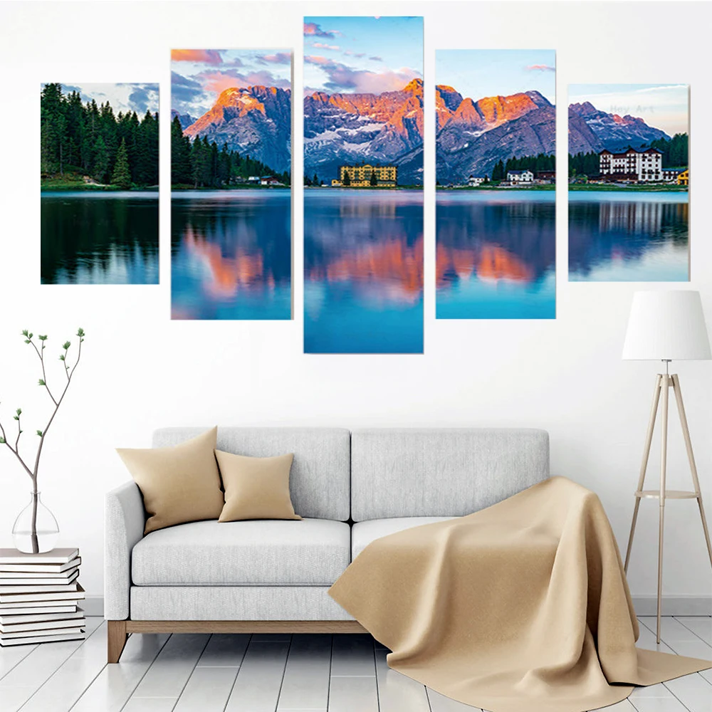 

5 Pieces Modern Posters Prints Mountain Lake Forest Waterfall Wall Art Canvas Painting Pictures Home Decor