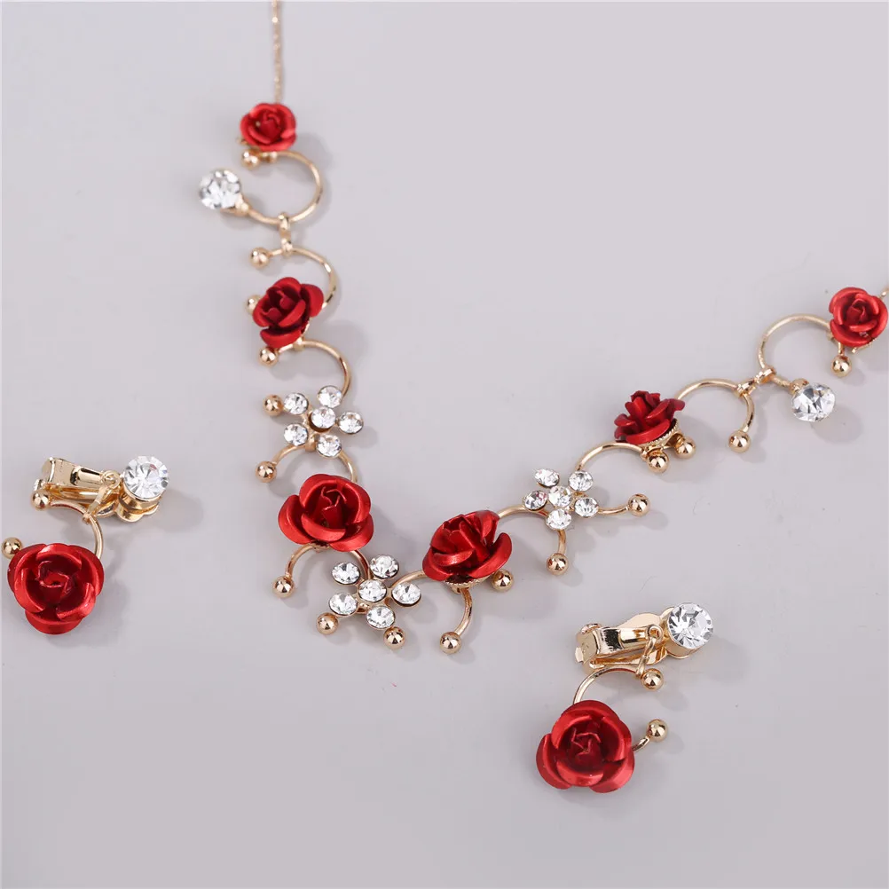 3pcs/set Elegant 1 Pair Ear Clip+1 Necklace Red Flower Casual Dress Accessory Women Fashion Alloy Ear Clip Neckless Jewelry Set