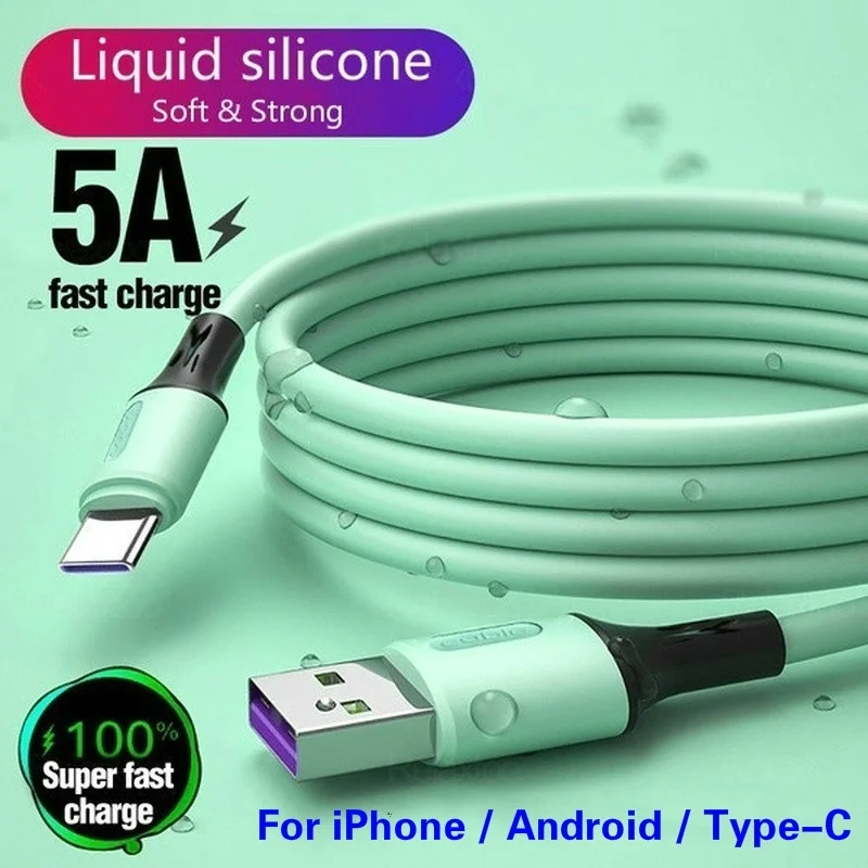 5A USB Charger Cable Fast Charging Android Phone Type C Micro USB Data Cord Liquid Silicone  Line1.2m/1.8m