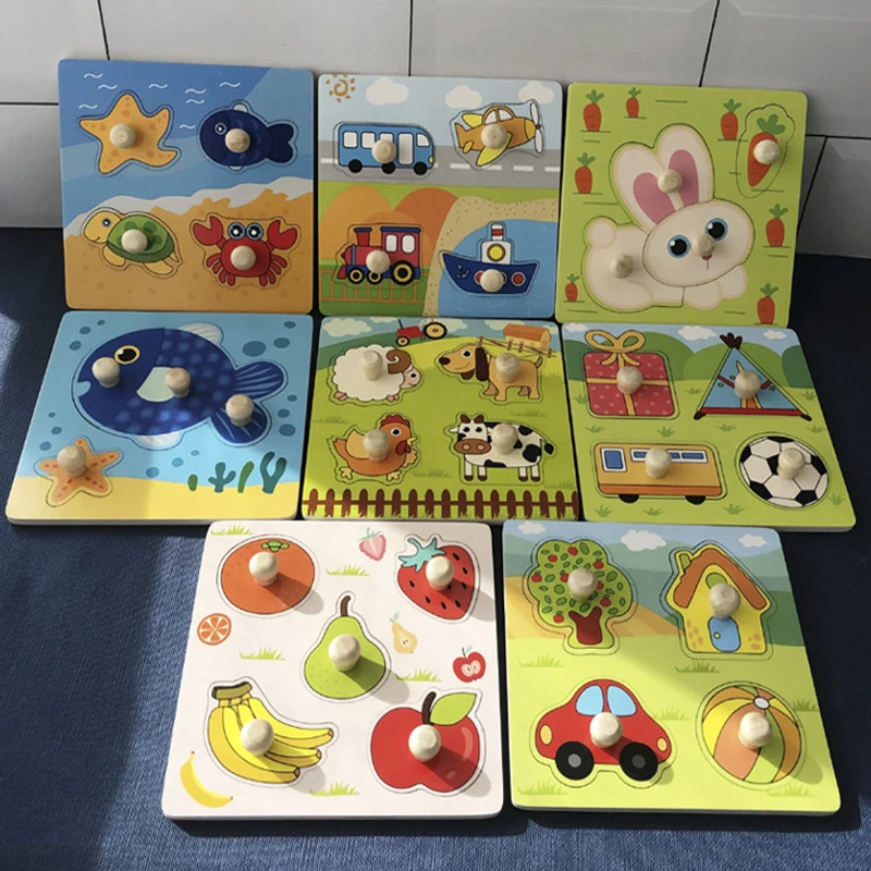 Kids Hand Grab Board 3D Puzzle Wooden Toys For Children Cartoon Animal Wood Jigsaw Puzzle Toddler Early Learning Educational Toy
