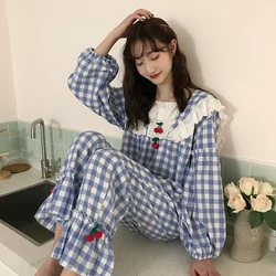 Sweet Lolita Style Square Collar Plaid Pajamas Suits Princess Cute Cotton Sleepwear Autumn Women Loose 2Piece/Set Home Clothes