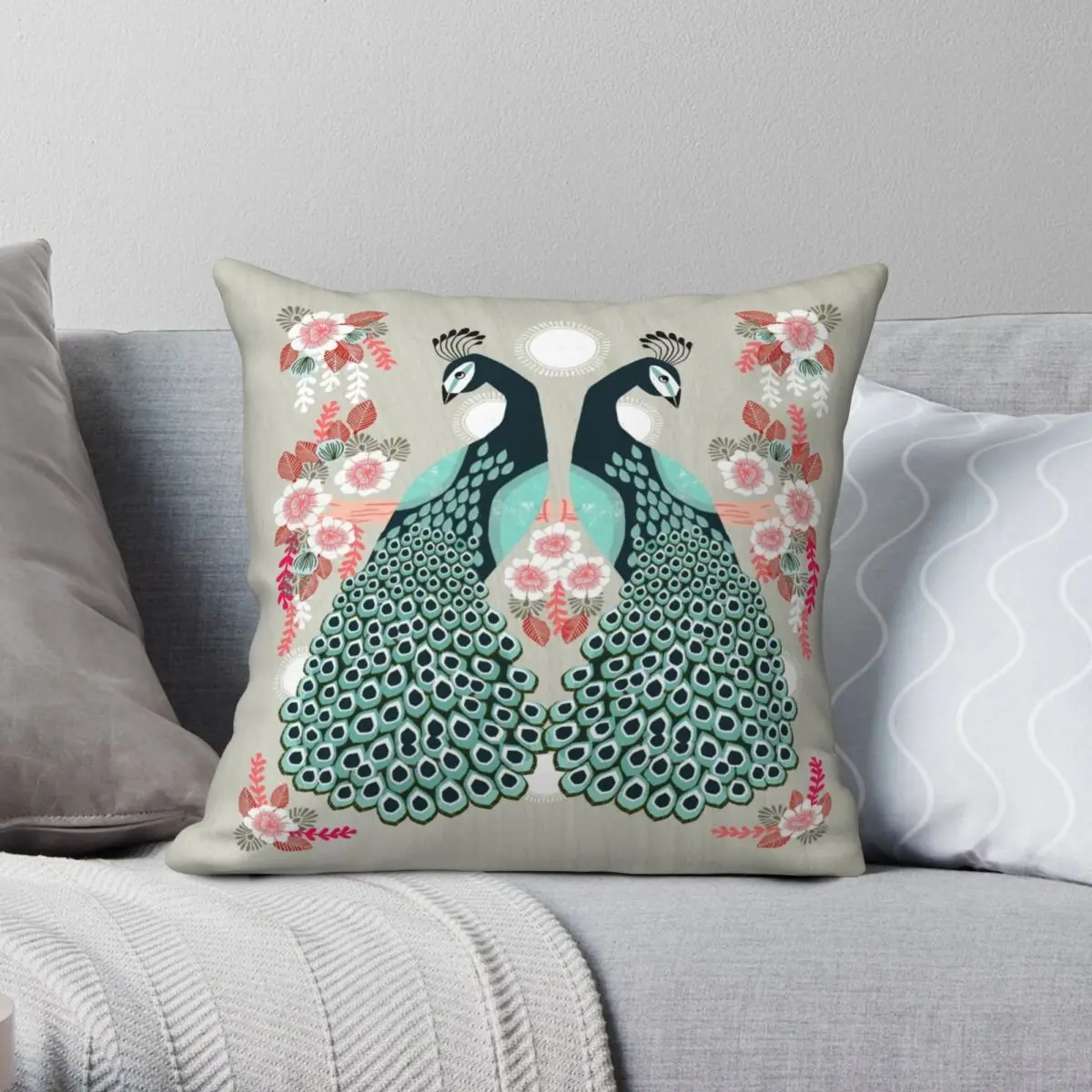 Peacocks By Andrea Lauren Square Pillowcase Polyester Linen Velvet Creative Zip Decor Car Cushion Cover