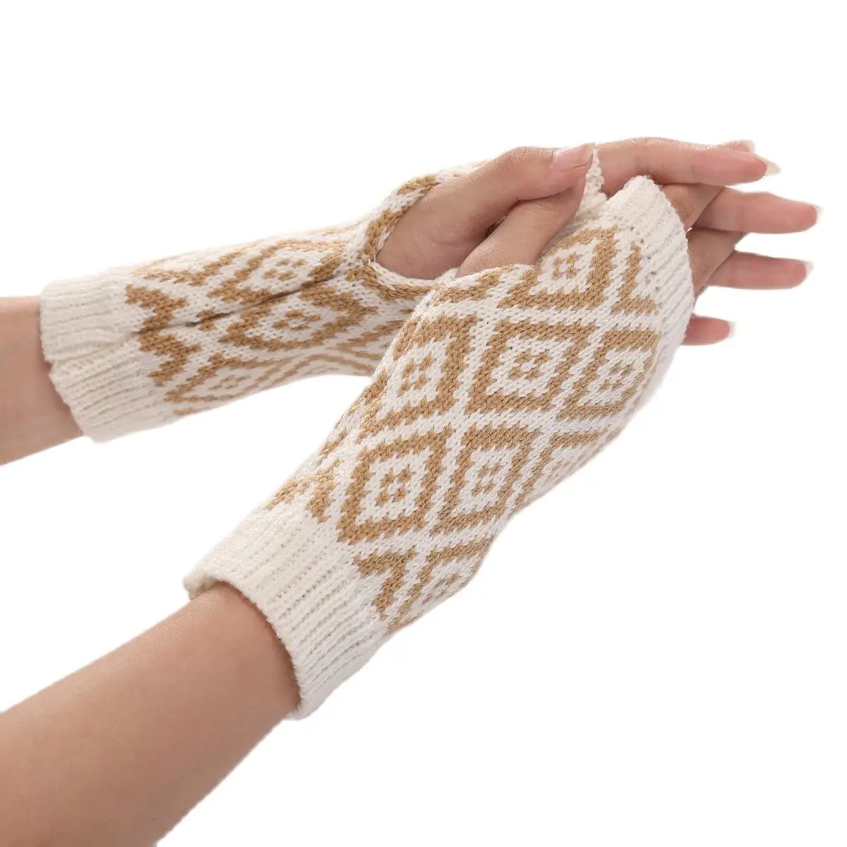 Autumn and Winter Fashion Color Matching Diamond Knitted Half Finger Cycling Warm Female Gloves Arm Cover Sleeve