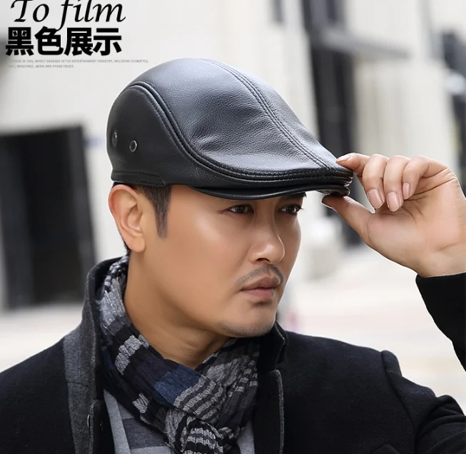 Man Flat Caps Men Real Leather Duckbill Hats Berets Earflaps Black Casual Directors Cap Male Vintage Winter Driving Caps B2