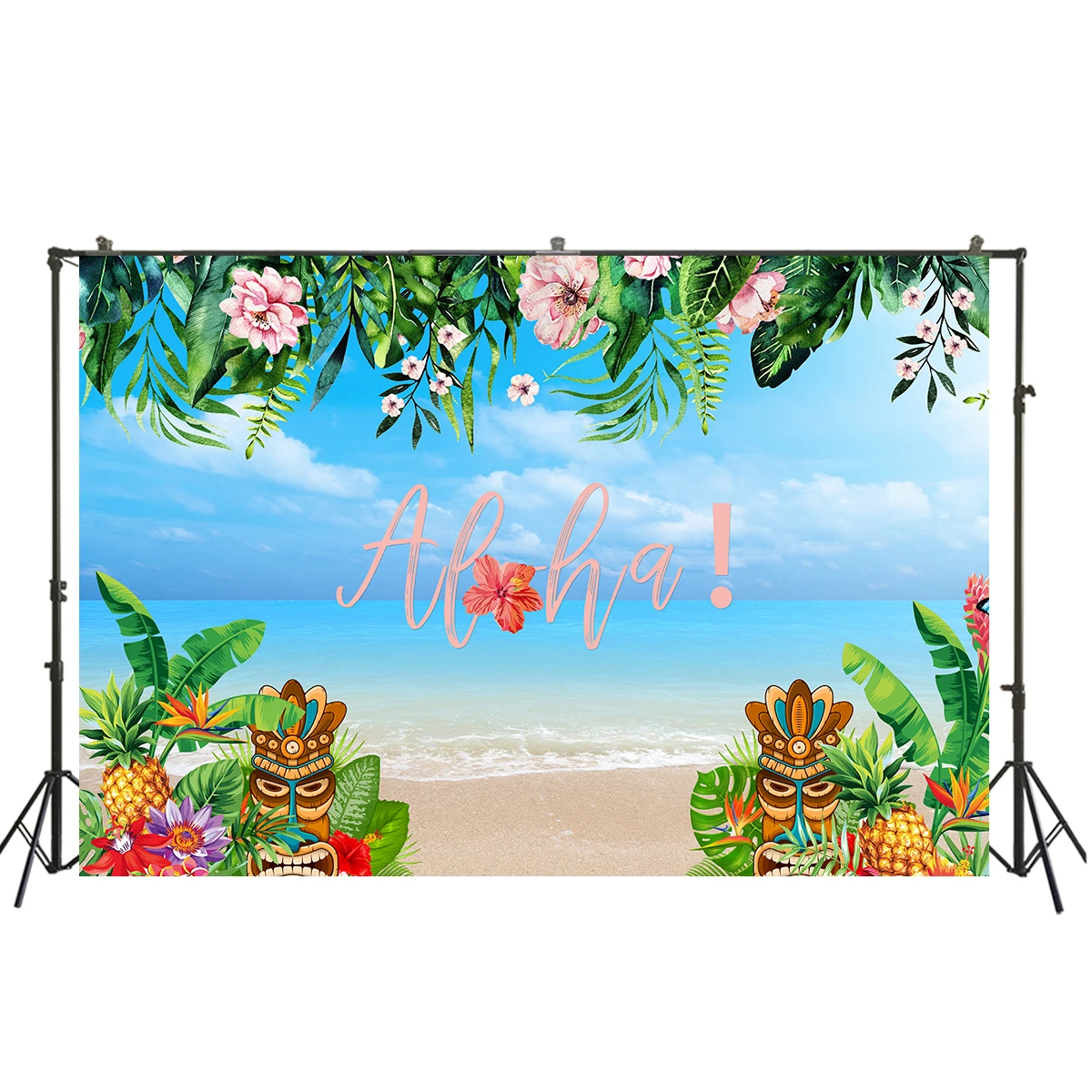 

Aloha Luau Party Photography Backdrop Summer Tropical Hawaiian Beach Tiki Mask Flower Photo Background Baby Shower W-2123