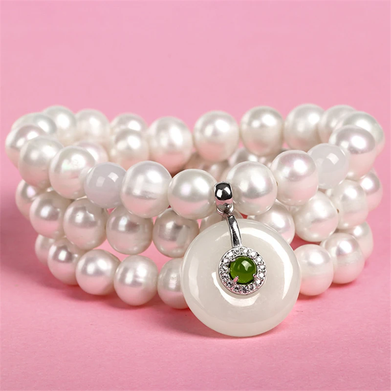 

HABITOO 925 Silver White Jade Round Pendant Freshwater Pearl Necklace 18inches Jewelry for Women Charming Gifts Daily Wear