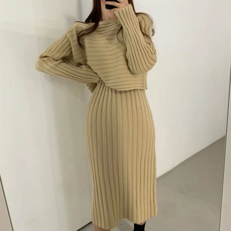 

Women's Knitted Matching Sets Solid O-Neck Long Sleeves Pit Pattern Pullover V-Neck Sleeveless Mid-Calf Knitting Wrapping Dress