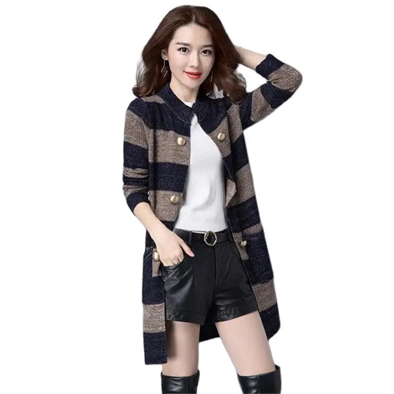 2022 New Women Knitted Sweater Coat Female Spring Autumn Stripe Loose Slimming Coat Women Knitted Mid-Length Cardigan Jacket A98