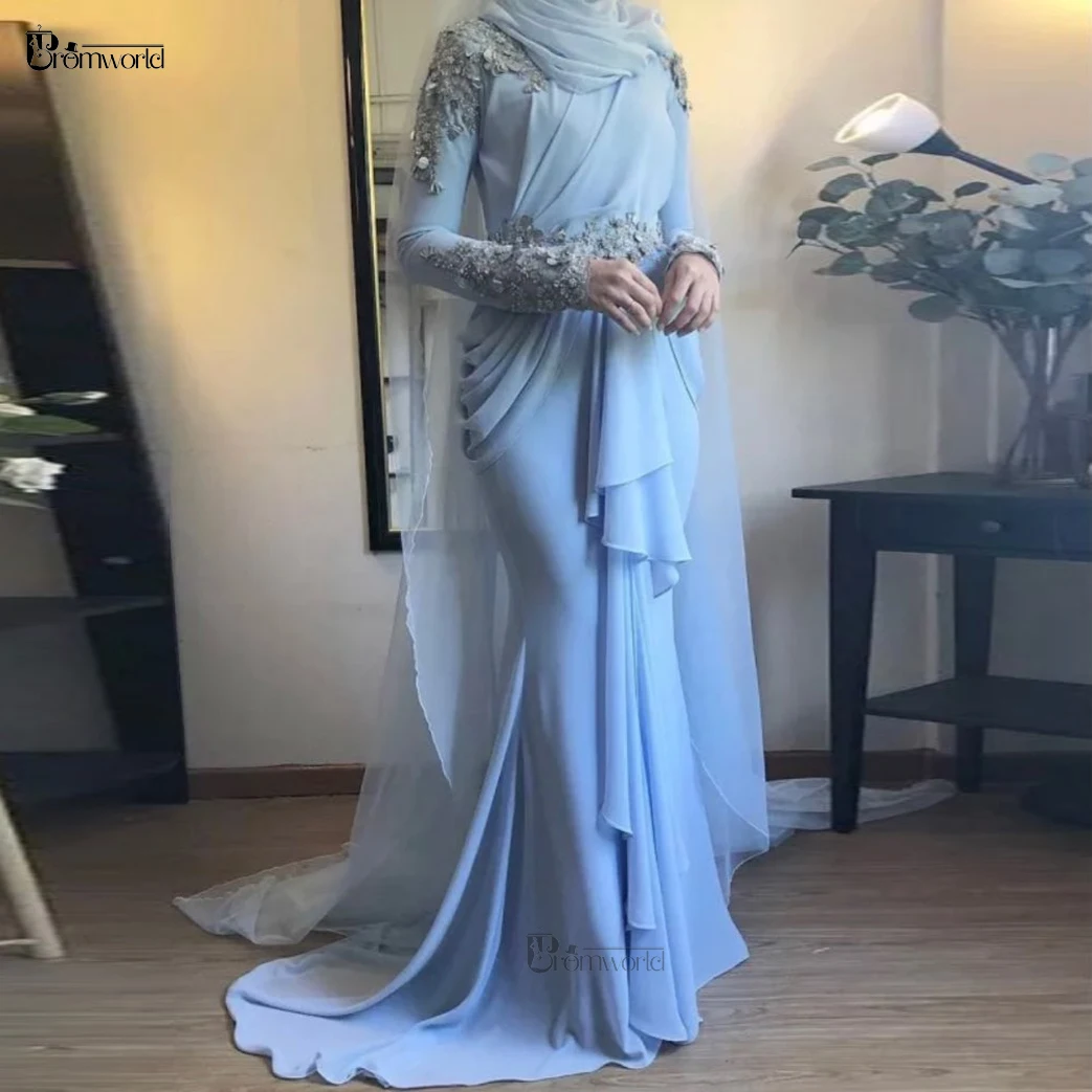 Dubai Kaftan Arabic Long Sleeves Formal Prom Dress 2024 Beaded Lace Chiffon Light Blue Muslim Evening Gowns Abiye Gece Elbisesi