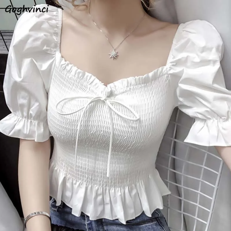 

Summer French Style Blouses Women Folds Fungus Princess Slash Neck Cropped Top Fashion Lace-up Puff Sleeve White Blusas Elegant