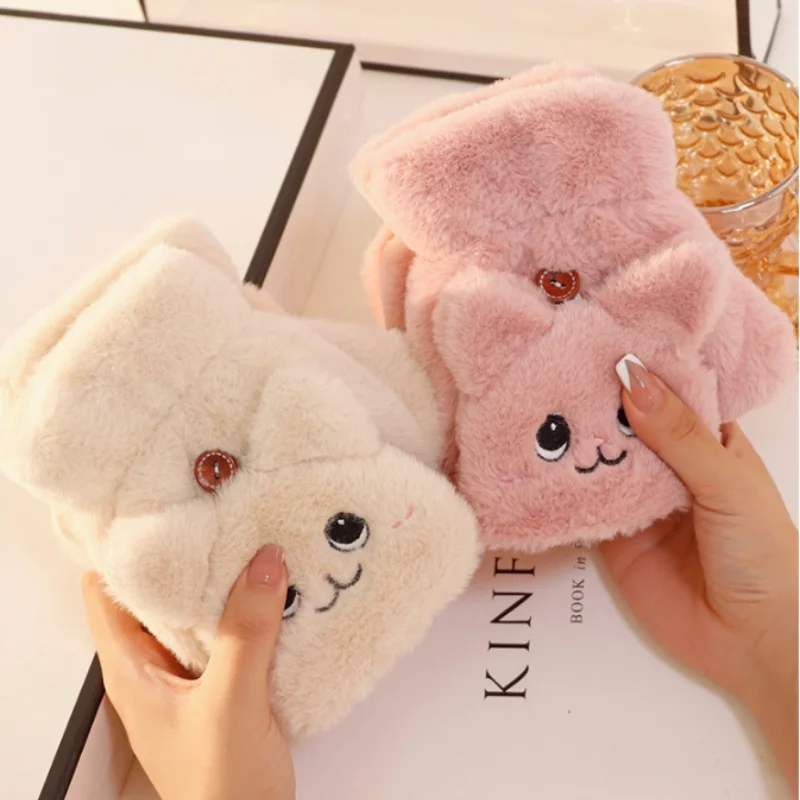 

Women Girls Cartoon Fur Rabbit Mittens Fingerless Gloves Plush Soft Winter Warm Cat Ears Flip Thick Gloves Flexible Half Finger