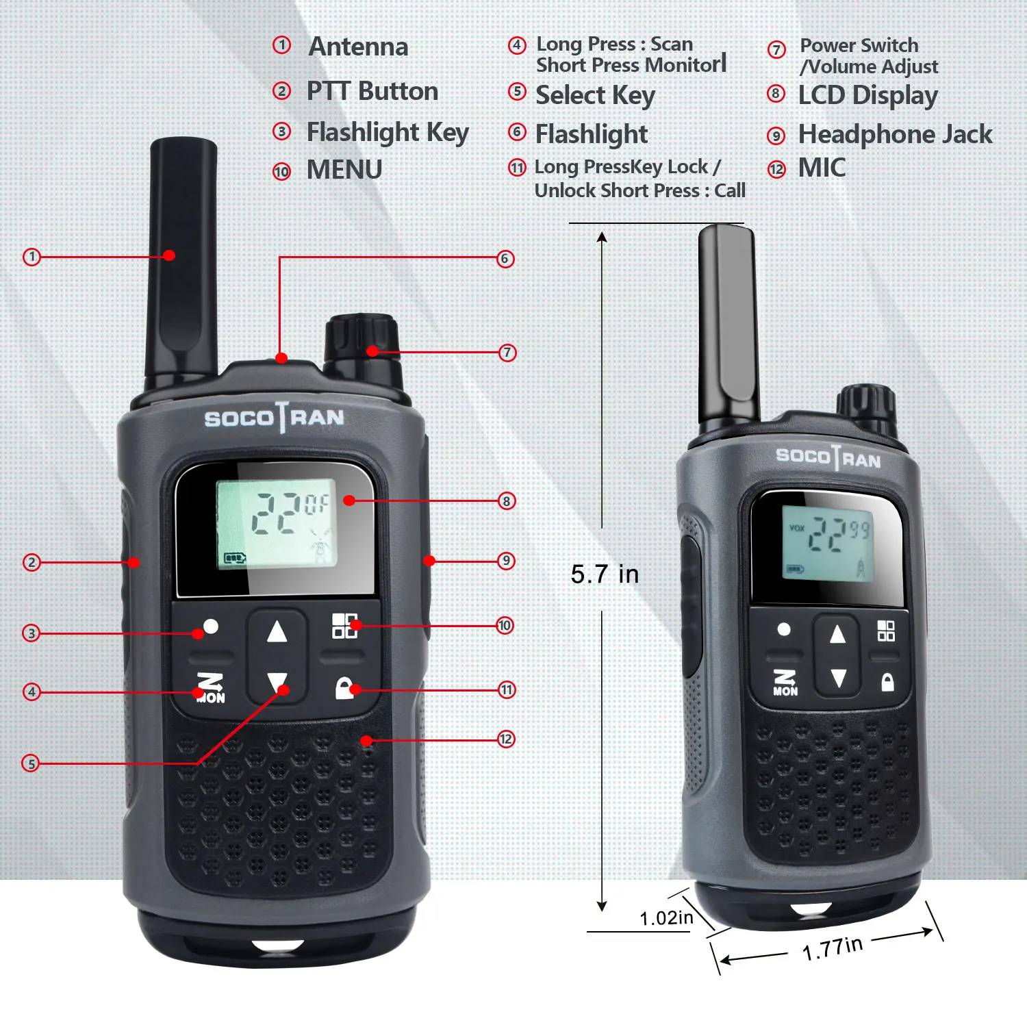 Rechargeable Walkie Talkies Socotran T80 0.5W 22CH Long Distance Two Way Radio VOX with privacy code & rechargeable battery Pair