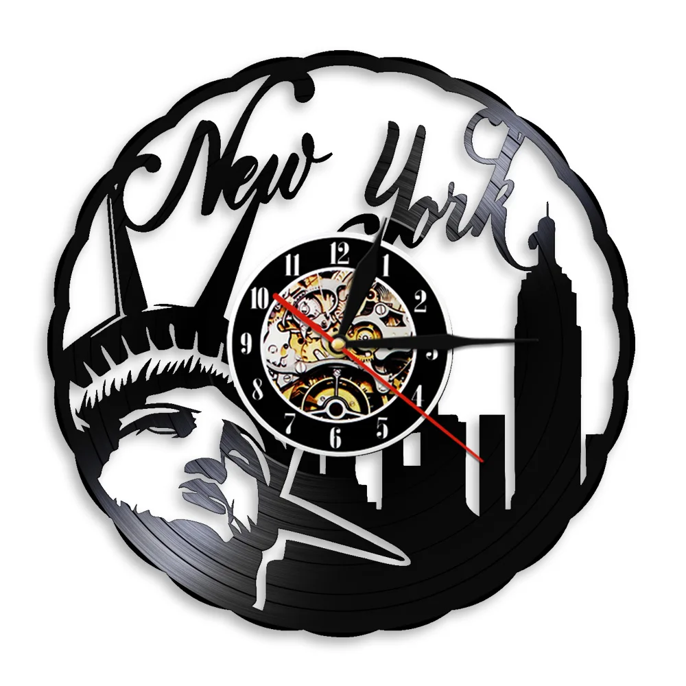 New York Skyline Modern Vinyl Record Silent Wall Clock NYC Statue of Liberty Freedom Wall Art America Travel Gift Home Decor