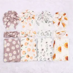 3pc Baby Vintage Print Child Suit Newborn Anti Shock Swaddle Wrap Turban Hats Newborn Donut Hat Headband Blanket Set Four Season