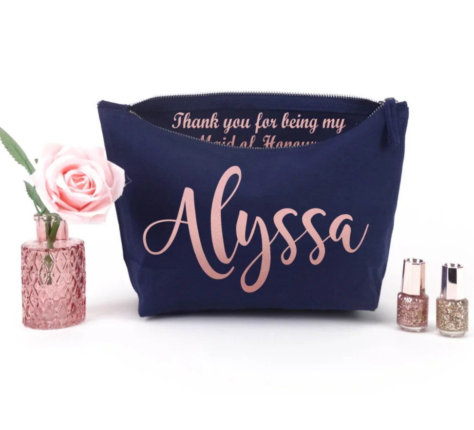 Custom any language rose gold wedding Cosmetic bags, bride makeup bag bridal Shower Favor, personalise Bridesmaid make up bags