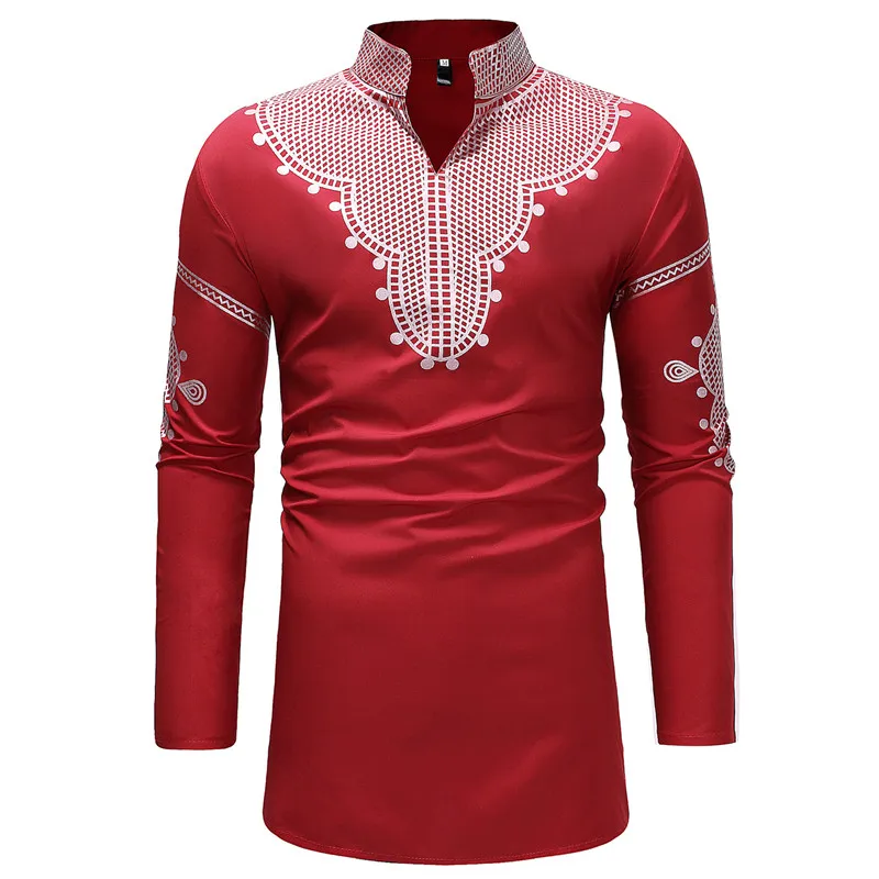 

Extra Long African Dashiki Print Shirt Men 2021 Brand Streetwear Casual African Clothes Men Slim Fit Long Sleeve Chemise Homme