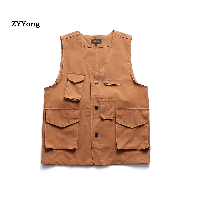 Retro Cotton Vest Men Casual Waistcoat with Multi Pocket Man Clothes