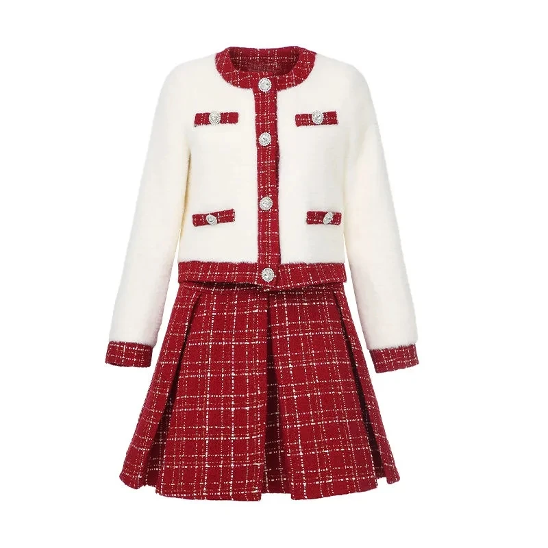 2022 Ladies Christmas Suit Two Piece Set Thick Winter Red Tweed Lattice Chic Jacket Warm Plaid A-line Pleated Skirt Suit Female