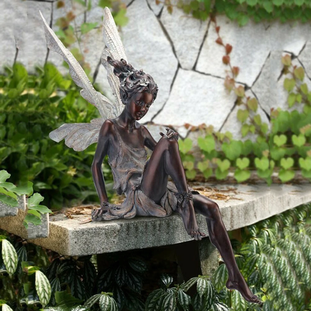 Escultura de Hada de las flores para jardín, paisajismo, ornamento artístico de resina, estatua sentado al aire libre, figuritas de Ángel,