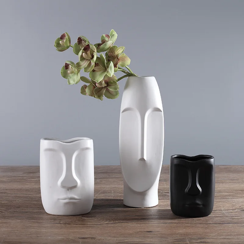 Nordic Minimalist Ceramic Abstract Vase Black and White Human Face Creative Display Room Decorative Figue Head Shape Vase