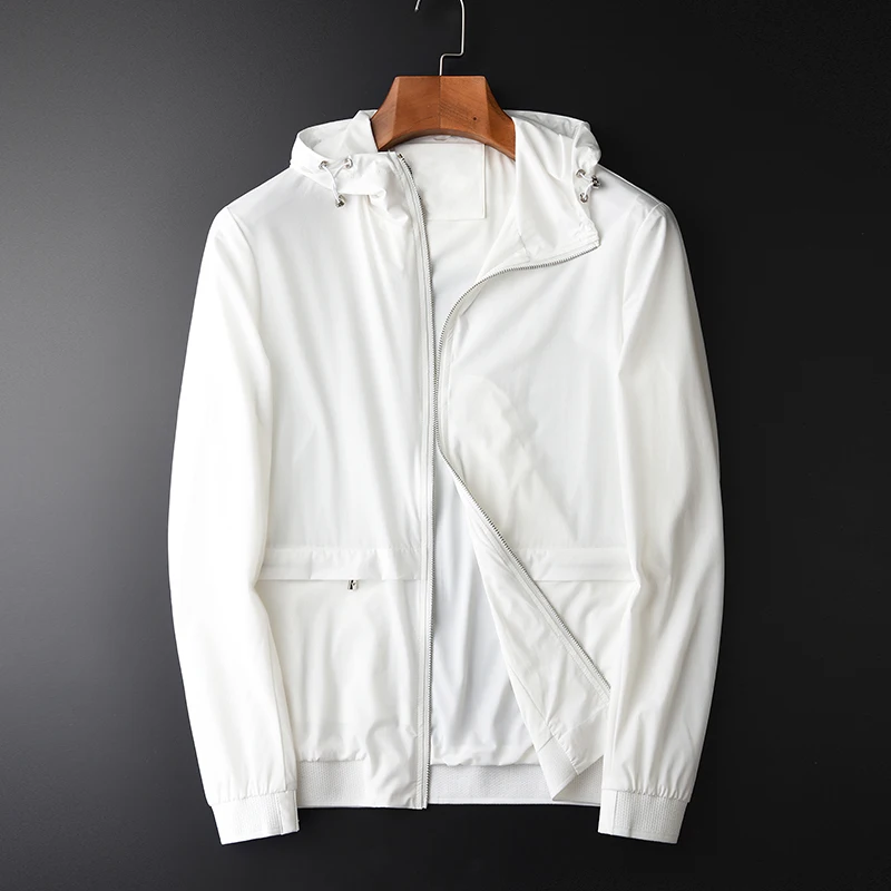 

Spring And Autumn New White Hooded Hight Quality Casual Men's Fashion Thin Breathable Jacket Coat Plus Size 4XL