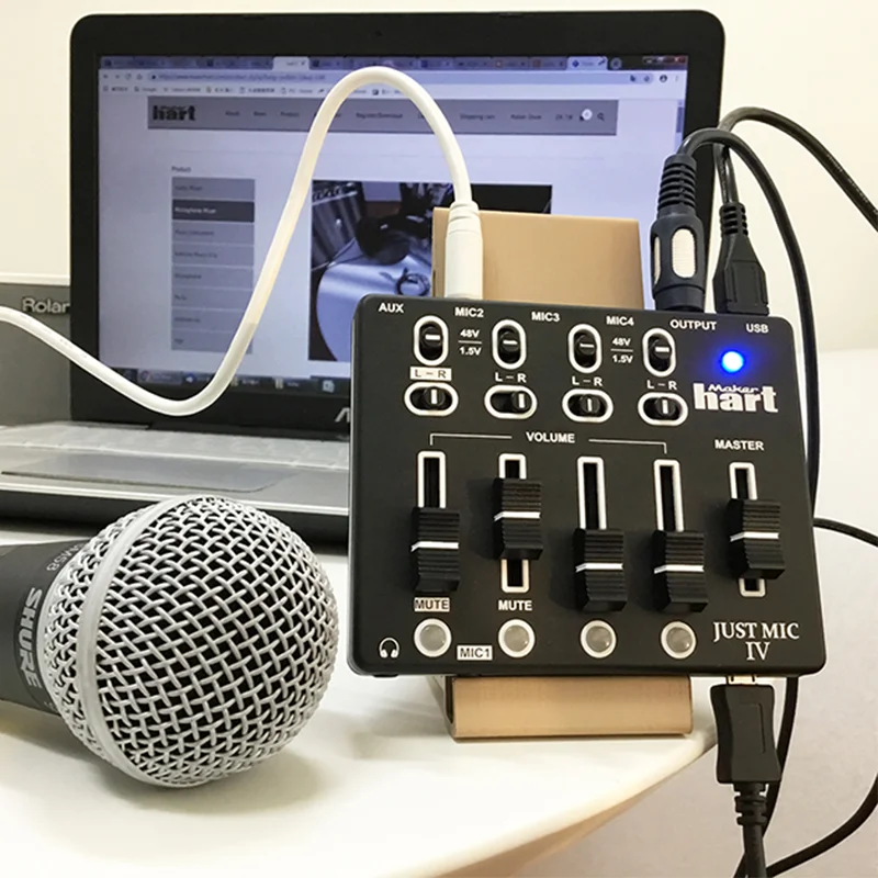 

Just Mic IV Mini 4 Channel Mini Microphone Mixer 4 Channels Portable Phantom With Phantom Power USB Audio IN