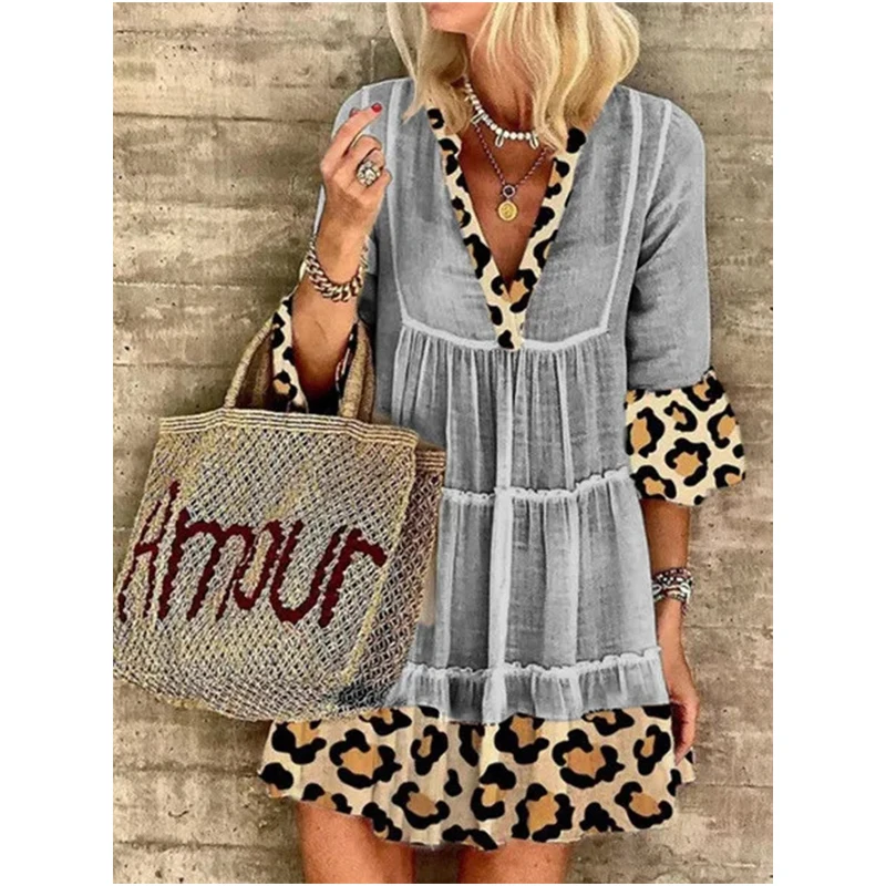 

Summer Women Ruffles Dress Boho Mini Beach Dress Three Quarter Sleeve Ladies Vestido Vintage V Neck Fashion Leopard Stitching