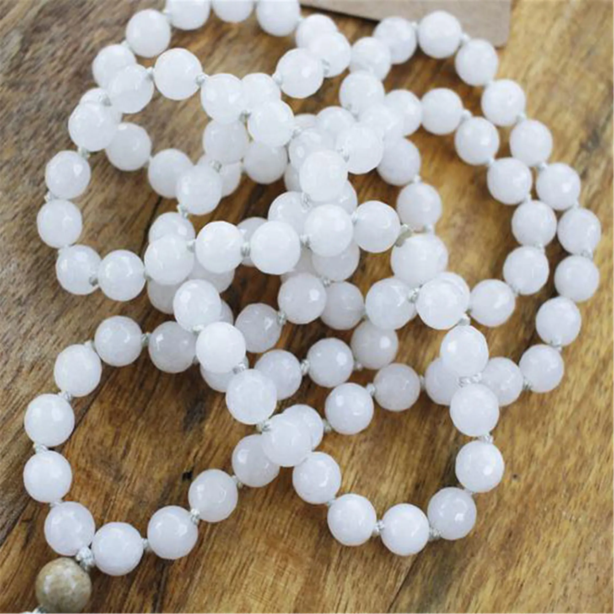 8mm White jade Gemstone 108 Beads Tassel Mala Necklace Prayer Lucky Wrist Blessing Religious Wristband