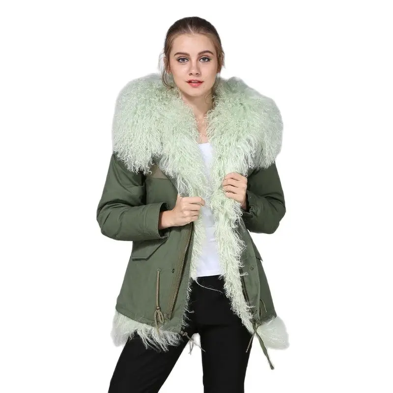 Piel de oveja de Mongolia verde para mujer, ropa corta de piel de cordero Real para mujer, Parka con capucha, totalmente de lujo