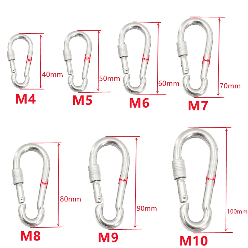 304 Mosquetão de aço inoxidável, Camping Hook Use para escalada, Chaveiro Snap Hook de alta resistência, Vários modelos