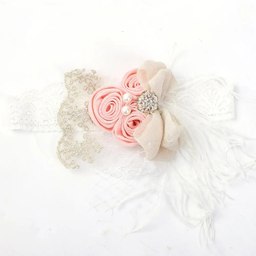 Satin Flower Feather Baby Headband White Lace Rhinestone Pearl Princess Girls Hair Band Vintage Fashion Newborn Accessories