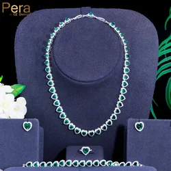Pera Magnificent 4Pcs Set Green CZ Crystal Love Heart Link Women Necklace Earrings Bracelet Ring Wedding Engagement Jewelry J478