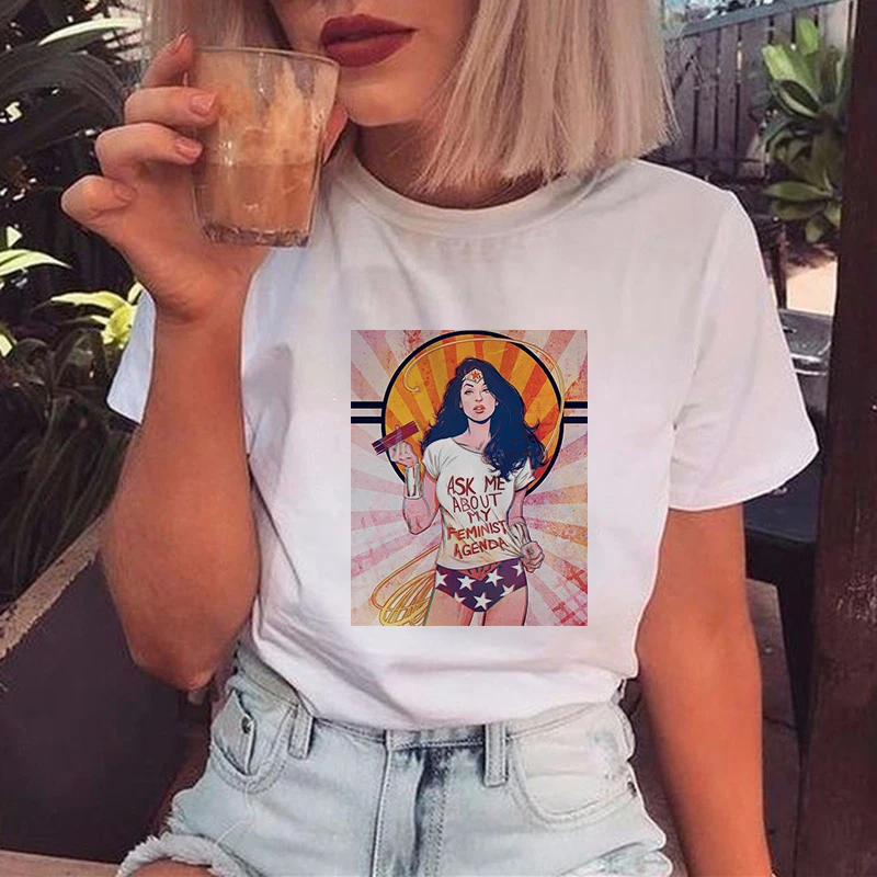 Harajuku T Shirt Dropshipping Tee Tops Showtly Girl Power Women T Shirt Ask Me About My Feminist Agenda Letter Printing Ulzzang