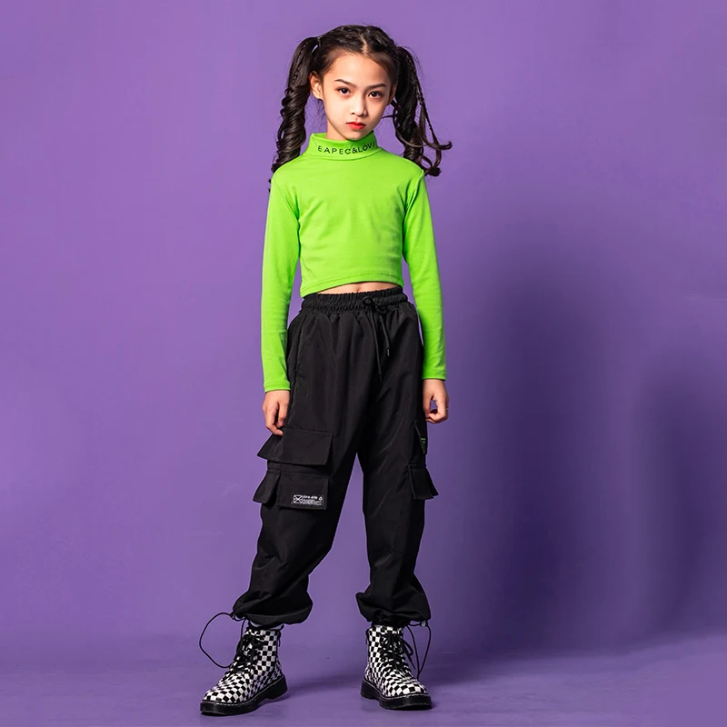 Kids Hip Hop Dancing Clothing Crop Top Long Sleeve Shirt Top Tactical Cargo Pants for Girls Jazz Dance Wear Costume Clothes