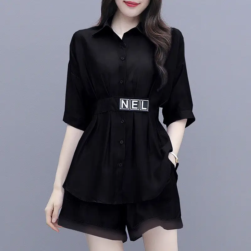 Frauen Anzug 2021 Neue Sommer Crop Top Fashion Koreanische Beiläufige Zwei Stück Shorts Setzt Medium Länge Hemd Breite Bein Hosen party Outfits