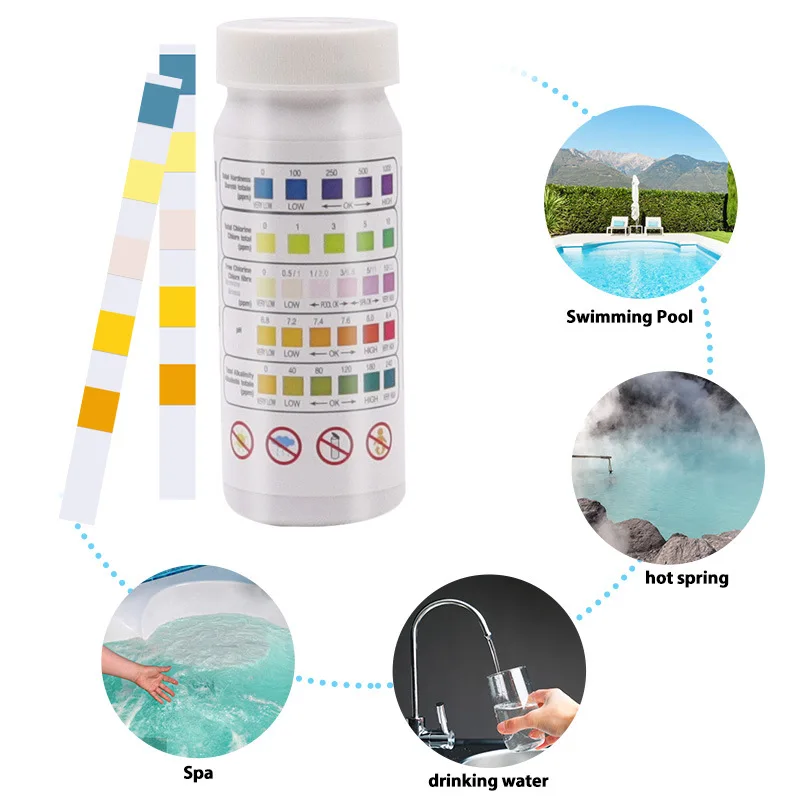 50 Pcs Water Quality 3/4/5/6-In-1 Swimming Pool Test Paper Residual Chlorine PH Value Alkalinity Hardness Test Strip A Bottle