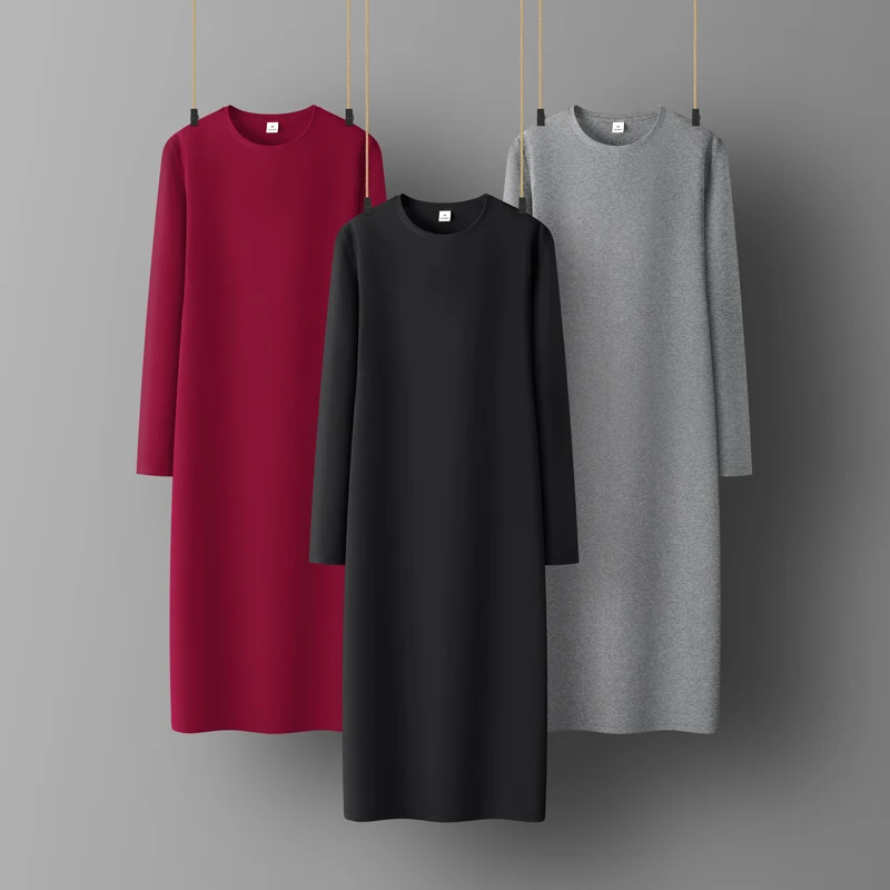 

Women Cotton Dress O-Neck Solid Color Long sleeve woman's clothing Winter&Autumn woman's dressr All match Lady's Casual Dress