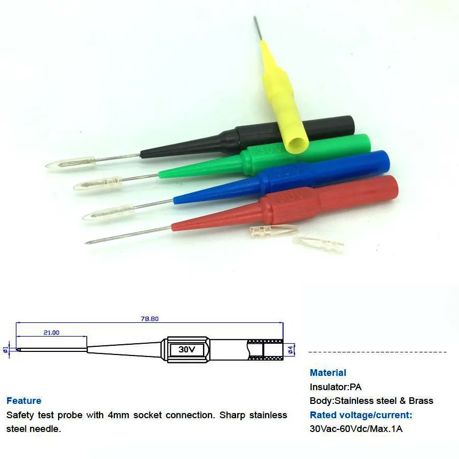 100PCS color 0.7mm Insulation Piercing Needle Non-destructive Multimeter Test Probes 30V-60V 1A For Banana Plug