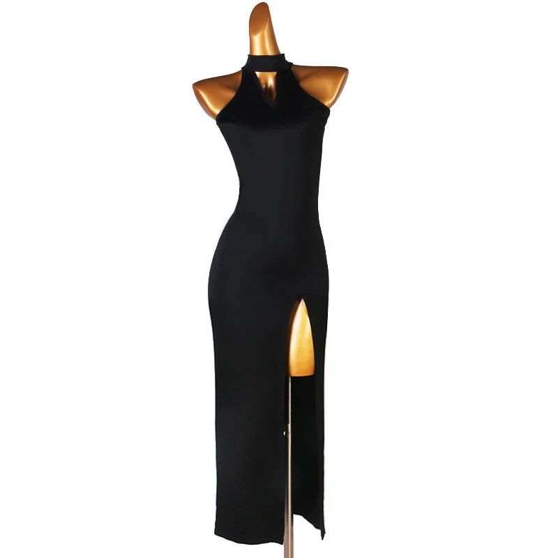

New Women's High Neck Latin Dance Dress Split Hollow Rumba Chacha Dance Practice Costumes Sleeveless