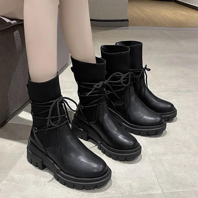 Women\'s Chunky Heels Mid-calf Boots Nice Stretch Fabric Ladies Shoes Female Autumn Footwear Pop Casual Platform Woman Boots