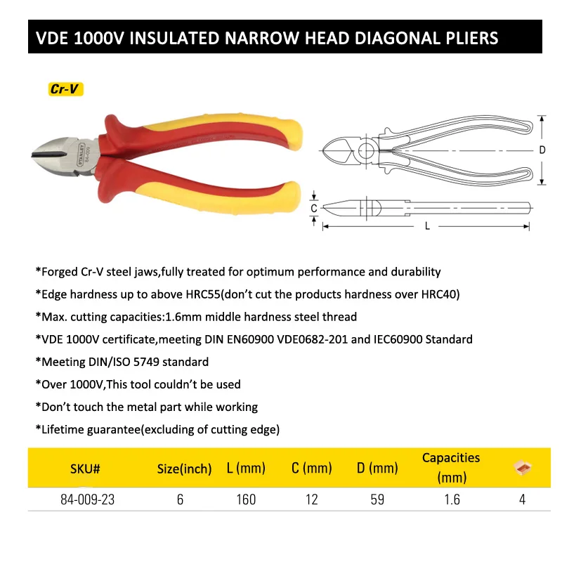 Stanley-Diagonal Alicate Isolado, Alicate De Corte, Cortador De Fio, Multitool para Eletricista, VDE 1000V, 1 Pc